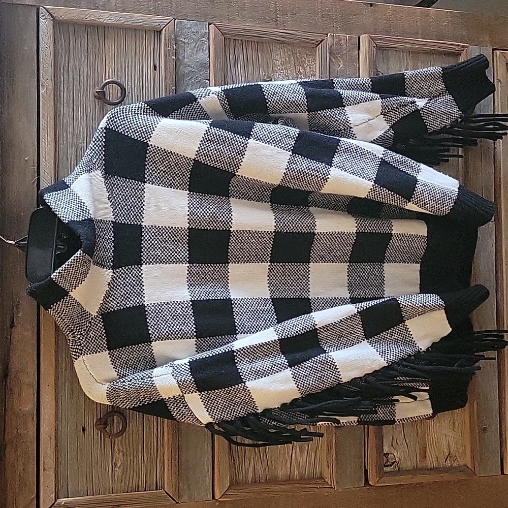 Ralph Lauren Black/Wht Checked Sweater, High Neck Under arm fringe, Med